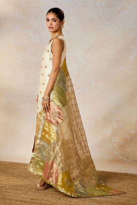 Buy_Masaba_Ivory Tissue, Silk Embroidery, Sequins V-neck The Kalakand Kurta And Salwar Set _Online_at_Aza_Fashions