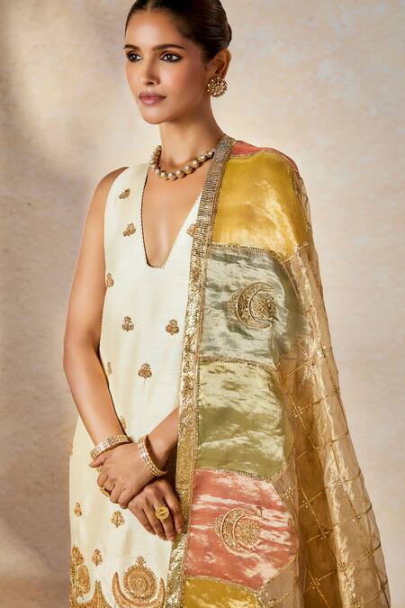 Masaba_Ivory Tissue, Silk Embroidery, Sequins V-neck The Kalakand Kurta And Salwar Set _at_Aza_Fashions