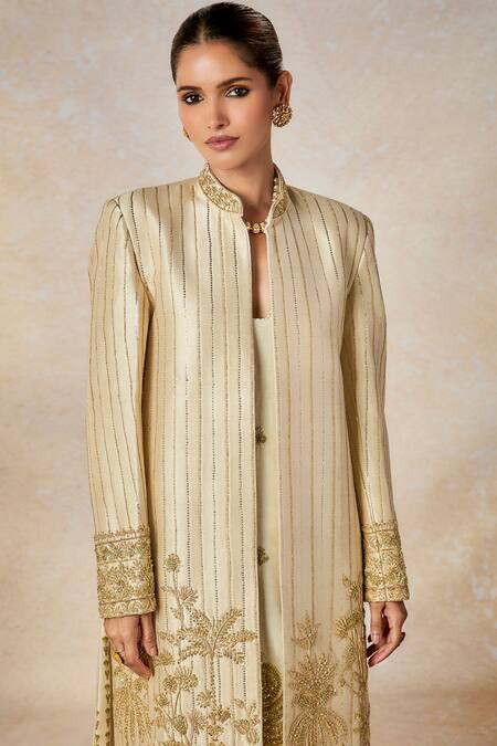 Masaba_Ivory Silk Sequins, Cut Work Collared The Kalakand Embroidered Kurta Jacket Set _Online_at_Aza_Fashions