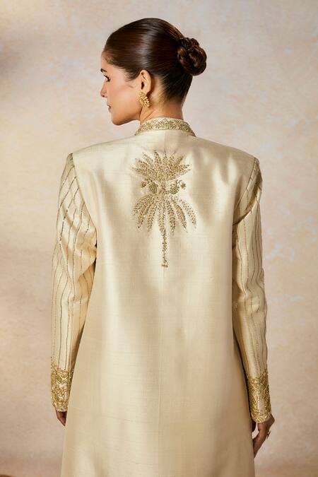 Buy_Masaba_Ivory Silk Sequins, Cut Work Collared The Kalakand Embroidered Kurta Jacket Set _Online_at_Aza_Fashions