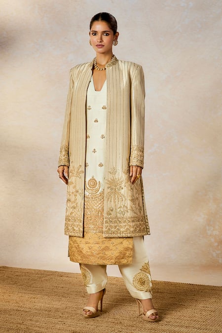 Shop_Masaba_Ivory Silk Sequins, Cut Work Collared The Kalakand Embroidered Kurta Jacket Set _Online_at_Aza_Fashions