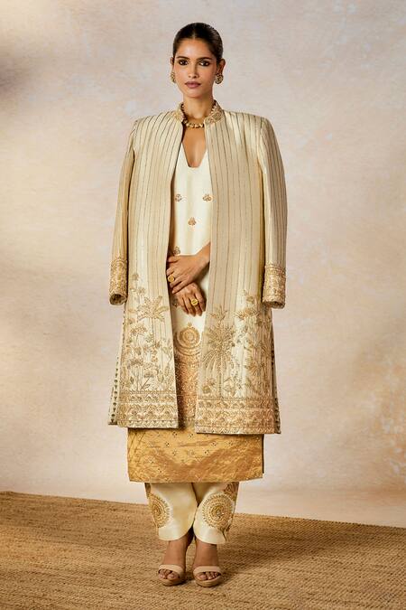 Shop_Masaba_Ivory Silk Sequins, Cut Work Collared The Kalakand Embroidered Kurta Jacket Set 