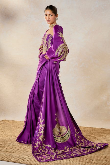 Shop_Masaba_Purple Satin, Silk, Organza Embroidery, Jamun Fizz Saree Set With Jacket _Online_at_Aza_Fashions