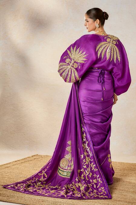 Masaba_Purple Satin, Silk, Organza Embroidery, Jamun Fizz Saree Set With Jacket _at_Aza_Fashions