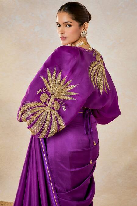 Buy_Masaba_Purple Satin, Silk, Organza Embroidery, Jamun Fizz Saree Set With Jacket 