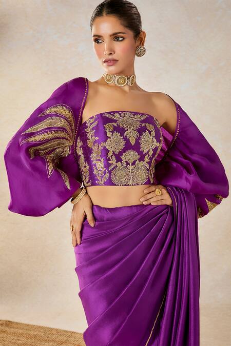 Shop_Masaba_Purple Satin, Silk, Organza Embroidery, Jamun Fizz Saree Set With Jacket 