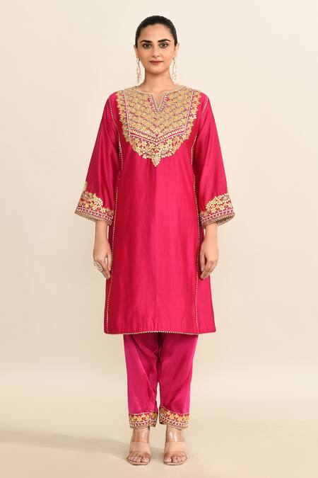 Buy_Sheetal Batra_Pink Silk Embroidery, Gota Patti Floral Kurta Set _Online_at_Aza_Fashions