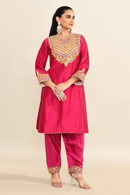 Shop_Sheetal Batra_Pink Silk Embroidery, Gota Patti Floral Kurta Set _Online_at_Aza_Fashions