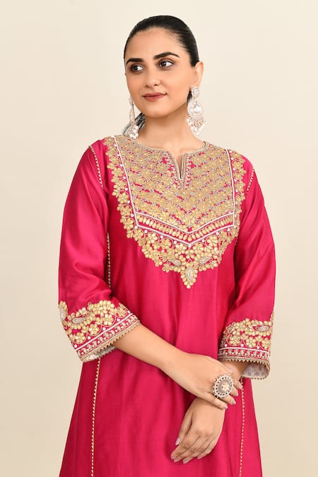 Sheetal Batra_Pink Silk Embroidery, Gota Patti Floral Kurta Set _at_Aza_Fashions