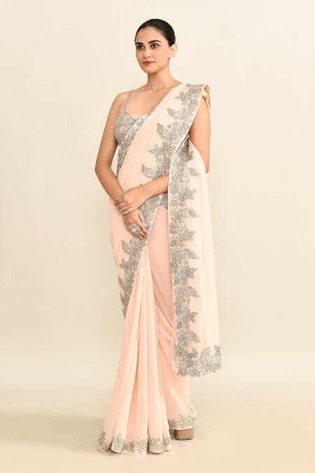 Buy_Bhumika Sharma_Pink Chiffon, Silk Gota Patti, Embroidery Sweetheart Floral Saree And Blouse_Online_at_Aza_Fashions
