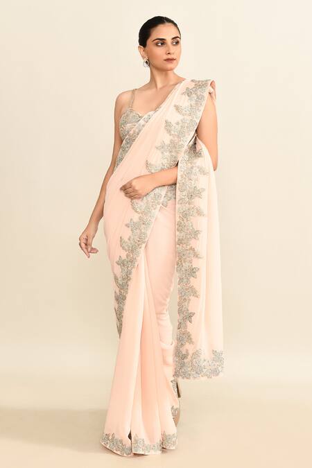 Shop_Bhumika Sharma_Pink Chiffon, Silk Gota Patti, Embroidery Sweetheart Floral Saree And Blouse_Online_at_Aza_Fashions