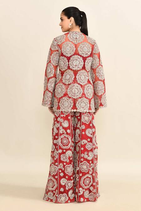 Shop_Bhumika Sharma_Red Cotton Embroidery V-neck Floral Jacket And Pant Set_at_Aza_Fashions