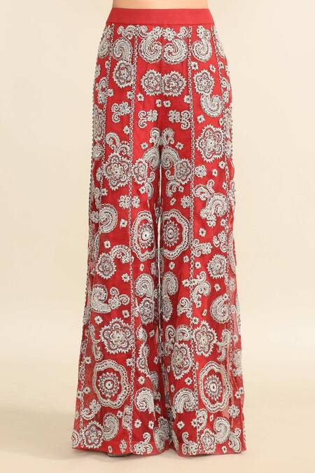 Bhumika Sharma_Red Cotton Embroidery V-neck Floral Jacket And Pant Set_Online_at_Aza_Fashions