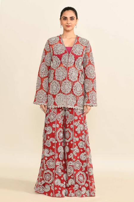 Buy_Bhumika Sharma_Red Cotton Embroidery V-neck Floral Jacket And Pant Set_Online_at_Aza_Fashions