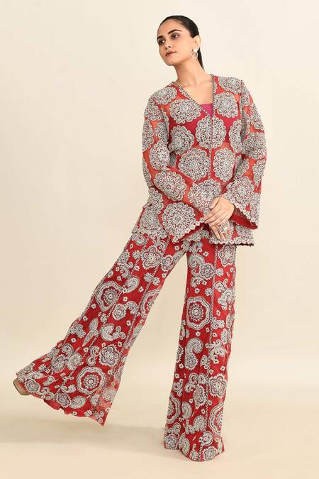 Shop_Bhumika Sharma_Red Cotton Embroidery V-neck Floral Jacket And Pant Set_Online_at_Aza_Fashions
