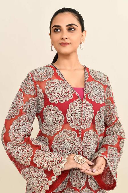 Bhumika Sharma_Red Cotton Embroidery V-neck Floral Jacket And Pant Set_at_Aza_Fashions