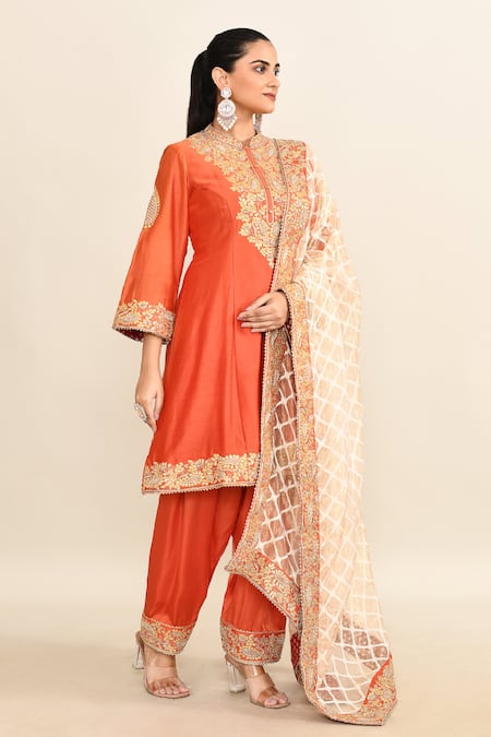 Shop_Sheetal Batra_Orange Cotton, Chiffon Embroidery Mandarin Floral Gota Patti Kurta Pant Set _Online_at_Aza_Fashions