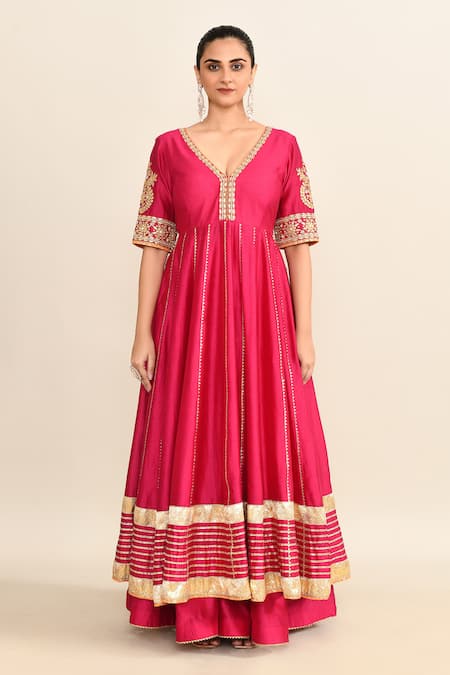 Buy_Sheetal Batra_Pink Cotton, Silk, Chiffon Gota Patti, Embroidery Floral Anarkali Skirt Set _Online_at_Aza_Fashions