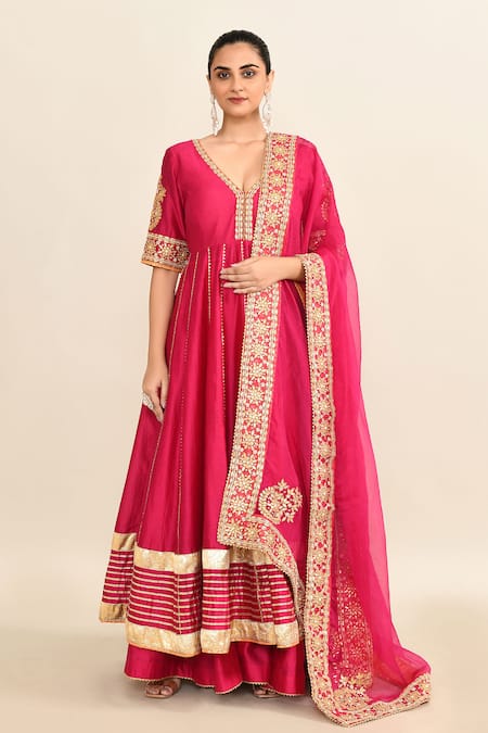 Shop_Sheetal Batra_Pink Cotton, Silk, Chiffon Gota Patti, Embroidery Floral Anarkali Skirt Set _Online_at_Aza_Fashions