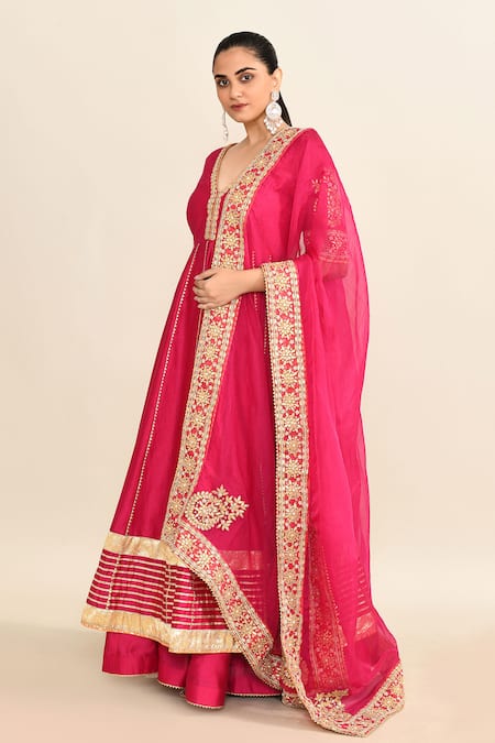 Sheetal Batra_Pink Cotton, Silk, Chiffon Gota Patti, Embroidery Floral Anarkali Skirt Set _at_Aza_Fashions