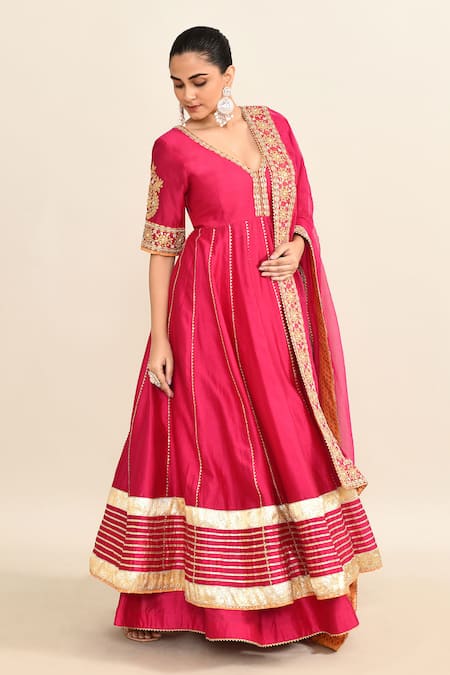 Buy_Sheetal Batra_Pink Cotton, Silk, Chiffon Gota Patti, Embroidery Floral Anarkali Skirt Set 