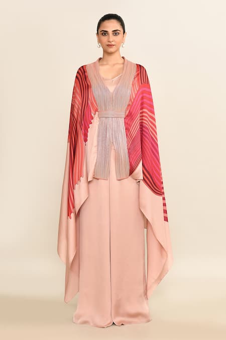 Shop_Amit Aggarwal_Pink Silk V-neck Abstract Print Cape And Pant Set _Online_at_Aza_Fashions