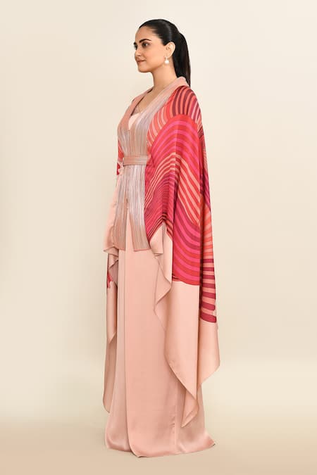 Amit Aggarwal_Pink Silk V-neck Abstract Print Cape And Pant Set _at_Aza_Fashions