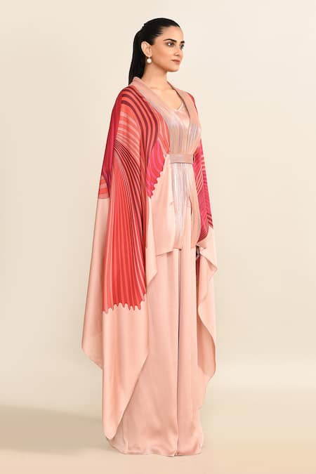 Buy_Amit Aggarwal_Pink Silk V-neck Abstract Print Cape And Pant Set 