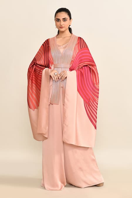 Shop_Amit Aggarwal_Pink Silk V-neck Abstract Print Cape And Pant Set 