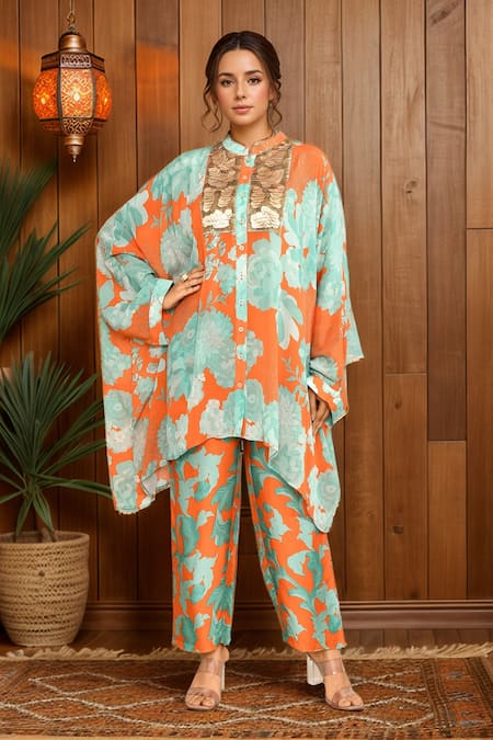 Archana Shah Orange Floral Print Kaftan With Pant 