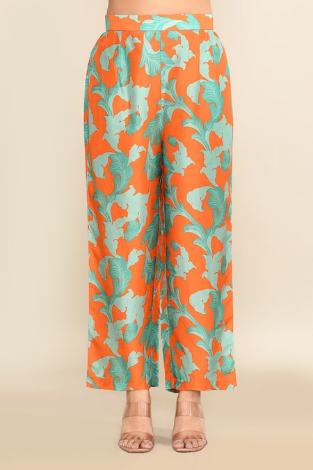 Archana Shah_Orange Cotton Embroidery Mandarin Collar Asymmetric Floral Print Kaftan Set _Online_at_Aza_Fashions