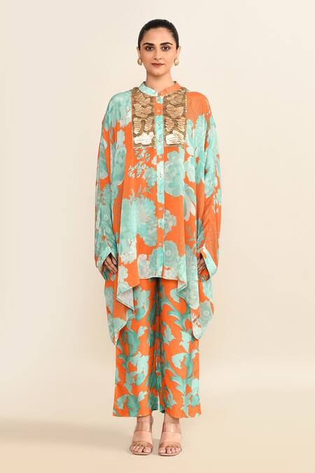 Buy_Archana Shah_Orange Cotton Embroidery Mandarin Collar Asymmetric Floral Print Kaftan Set _Online_at_Aza_Fashions