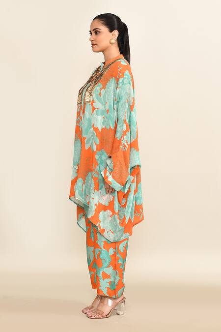 Shop_Archana Shah_Orange Cotton Embroidery Mandarin Collar Asymmetric Floral Print Kaftan Set _Online_at_Aza_Fashions