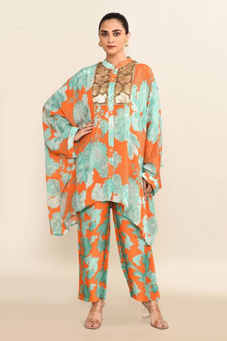 Buy_Archana Shah_Orange Cotton Embroidery Mandarin Collar Asymmetric Floral Print Kaftan Set 