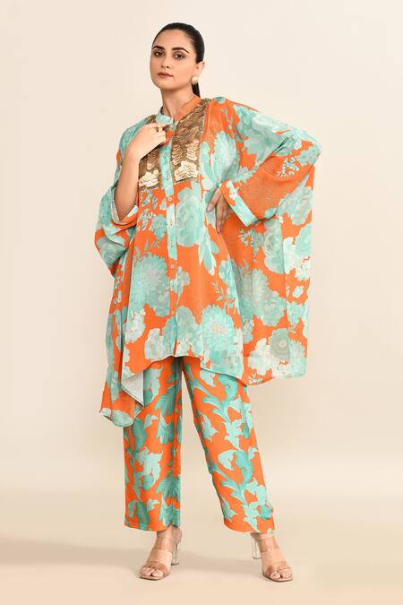 Shop_Archana Shah_Orange Cotton Embroidery Mandarin Collar Asymmetric Floral Print Kaftan Set 