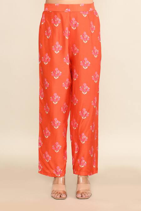 Archana Shah_Orange Cotton Embroidery Round Neck Floral Print Kaftan Set _Online_at_Aza_Fashions