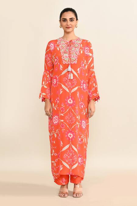 Buy_Archana Shah_Orange Cotton Embroidery Round Neck Floral Print Kaftan Set _Online_at_Aza_Fashions