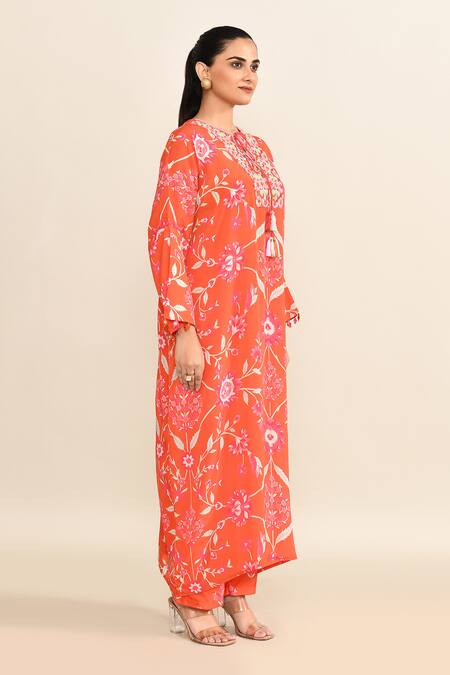 Shop_Archana Shah_Orange Cotton Embroidery Round Neck Floral Print Kaftan Set _Online_at_Aza_Fashions