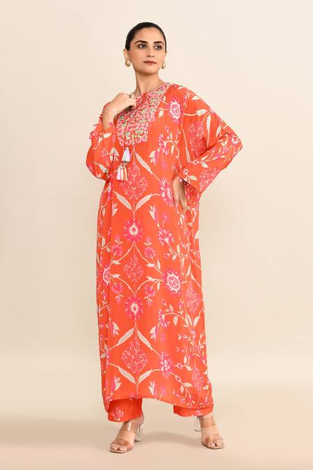 Archana Shah_Orange Cotton Embroidery Round Neck Floral Print Kaftan Set _at_Aza_Fashions