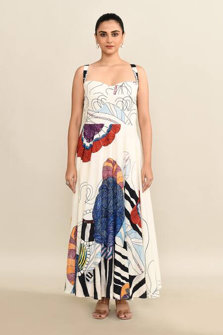 Saaksha & Kinni_Off White Sweetheart Neck Abstract Floral Midi Dress_Online_at_Aza_Fashions