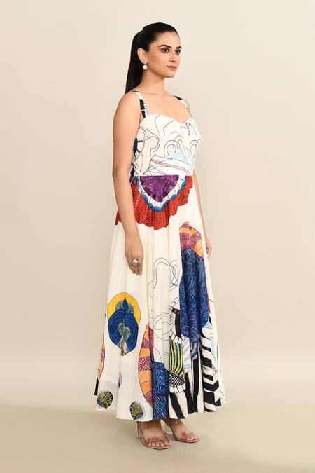 Shop_Saaksha & Kinni_Off White Sweetheart Neck Abstract Floral Midi Dress_Online_at_Aza_Fashions