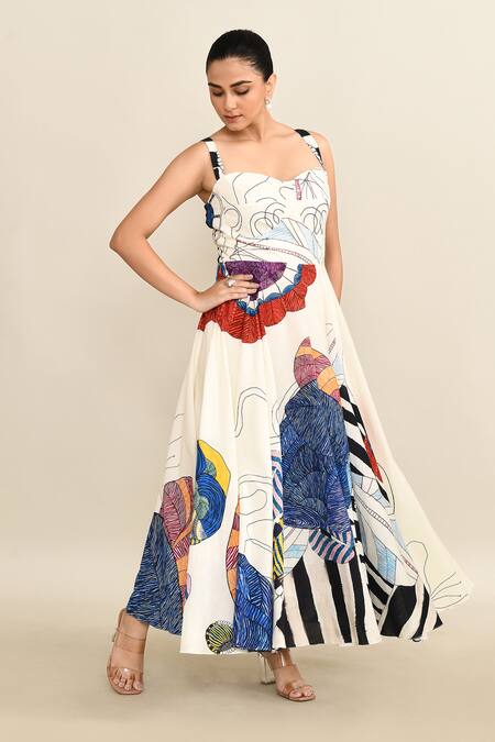 Saaksha & Kinni_Off White Sweetheart Neck Abstract Floral Midi Dress_at_Aza_Fashions