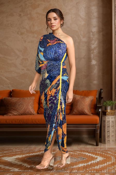 Saaksha & Kinni Abstract Floral Print One Shoulder Dress 