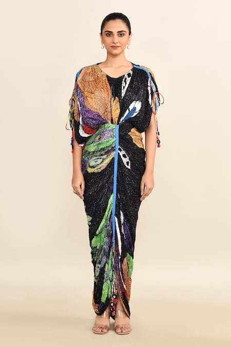 Saaksha & Kinni_Black Chiffon Round Neck Gathered Kaftan Dress With Abstract Prints_Online_at_Aza_Fashions