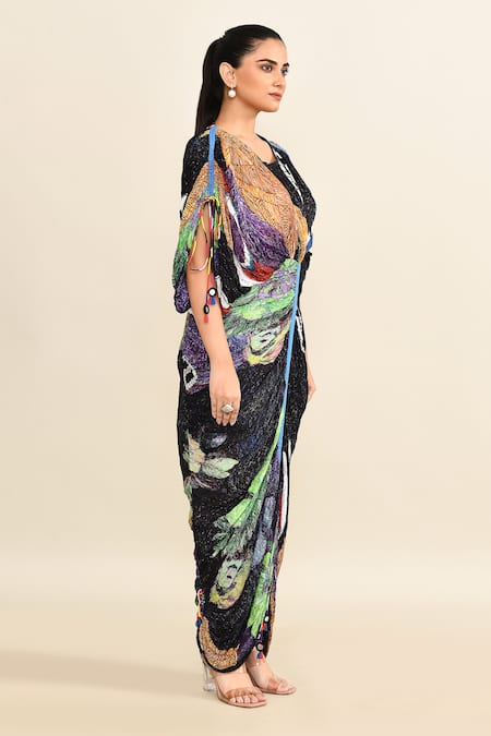 Buy_Saaksha & Kinni_Black Chiffon Round Neck Gathered Kaftan Dress With Abstract Prints_Online_at_Aza_Fashions