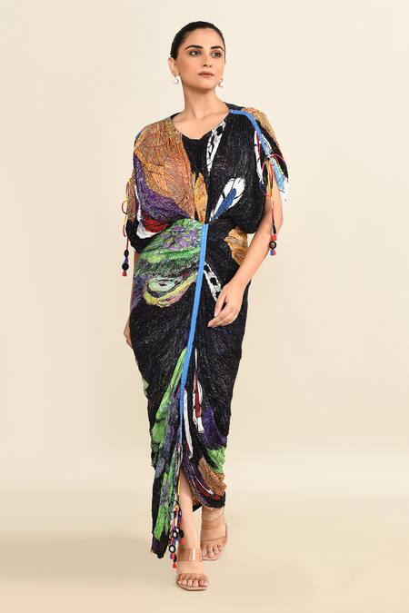 Shop_Saaksha & Kinni_Black Chiffon Round Neck Gathered Kaftan Dress With Abstract Prints_Online_at_Aza_Fashions