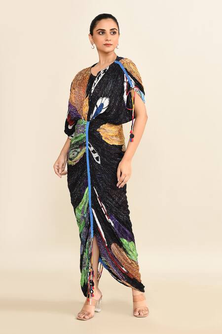 Saaksha & Kinni_Black Chiffon Round Neck Gathered Kaftan Dress With Abstract Prints_at_Aza_Fashions