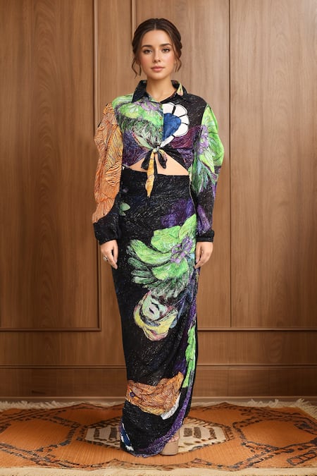 Saaksha & Kinni Abstract Floral Print Shirt With Skirt 