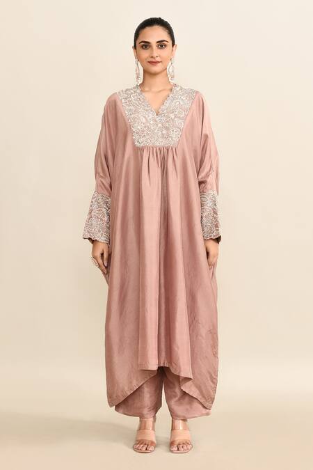 Buy_Mrunalini Rao_Pink Silk Embroidery V-neck Floral Kaftan And Pant Set_Online_at_Aza_Fashions