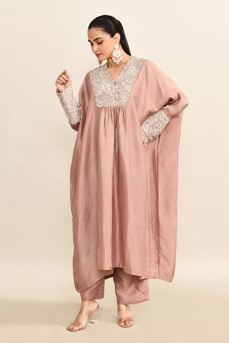 Shop_Mrunalini Rao_Pink Silk Embroidery V-neck Floral Kaftan And Pant Set_Online_at_Aza_Fashions